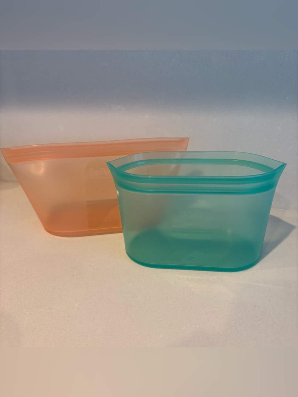 Zip Top Brand Reusable Silicone Food Storage Bags - Teal and Peach